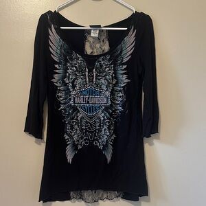 Harley-Davidson Black and Blue Winged Graphic 3/4 Sleeve, Flowy Fit Top